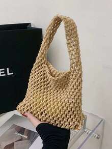 1个波西米亚风镂空钩编手提包，饰以粉色兰花，轻盈网状编织手提包，配有三角形提手，非常适合海滩旅行和休闲外出。 - 卡其色 - 查看 4