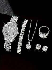 6pcs Luxury Women's Quartz Watch Set, Including Watch With Roman Numeral Dial, Diamond-Encrusted Bracelet, Earrings, Necklace And Ring. Silver-Tone Metal Finish With Double-Layer Pave Dial, Creating A Dazzling Luxurious Style And High-End Charm - Silver - View 3