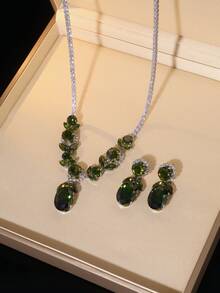 “绯红花园”锆石首饰套装，奢华复古红/绿锆石项链和耳环，适合搭配晚礼服 - 彩色 - 查看 13