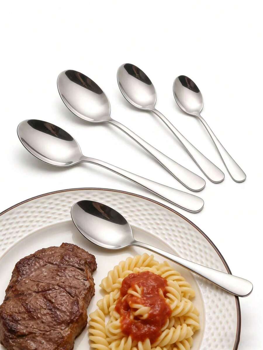 5pcs Stainless Steel Spoons, Main Course Spoon, Dessert Spoon, Coffee Spoon, Ice Cream Spoon, Watermelon Spoon, Tableware Soup Spoon For Adults - View 1