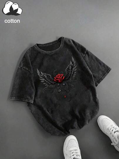 大码女式翅膀和花卉印花圆领休闲百搭日常短袖T恤