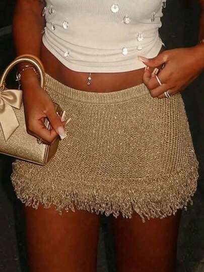 Women's Y2K Style Shiny Gold Tassel Knit Mini Skirt, Sexy Fitted Cut, Fashionable Casual, Suitable For Music Festivals, Holiday Dates, Daily Leisure, Beach Vacations, Beach Parties, Cocktail Parties, Etc. Summer