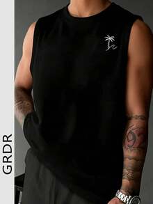 GRDR 男士夏季圆领棕榈树户外元素印花休闲无袖背心 - 黑色 - 查看 6