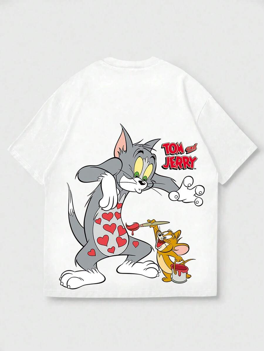Strevion OBM Men X TOM & JERRY Áo thun nam tay ngắn cổ tròn in hình Tom và Jerry, kiểu dáng thường ngày, đa năng. - trắng - Xem 1
