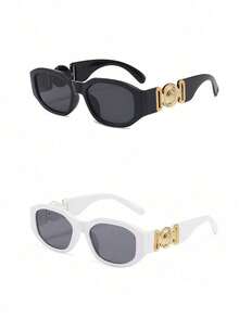 2 piezas Gafas de moda con marco asimétrico pequeño, gafas de moda de estilo callejero personalizadas con diseño de polígono europeo y americano para mujeres - Película gris con marco negro + película gris con marco blanco - Ver 4