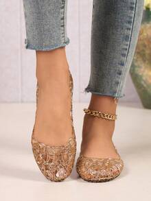 夏季闪亮镂空芭蕾平底鞋，透明镂空果冻鞋，适合海滩度假 - 金色 - 查看 7