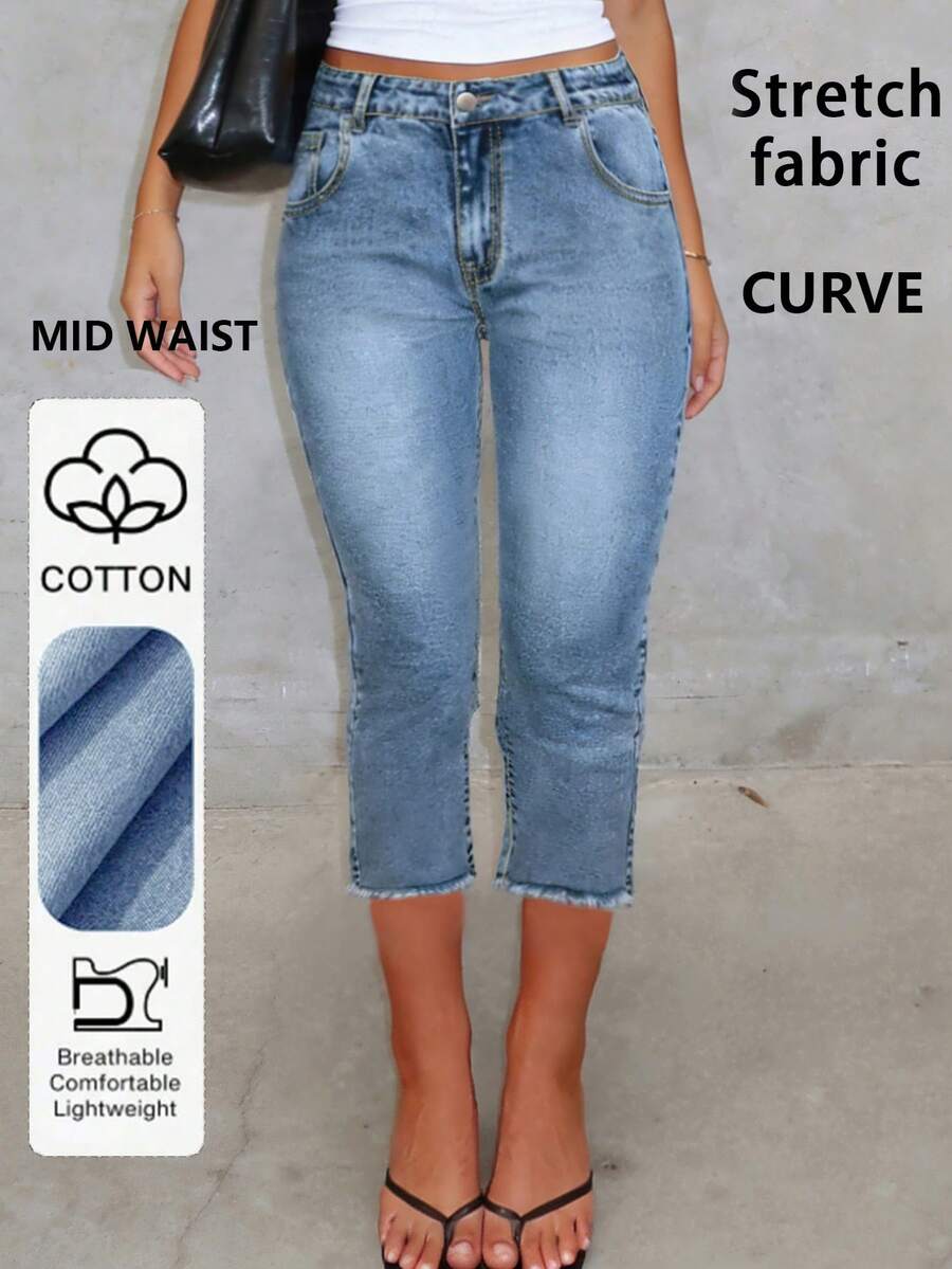 Plus Size Women's New Elastic Waist Simple 3/4 Length Jeans, Versatile Casual Summer - Light Wash - View 1
