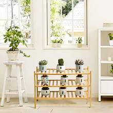 3-Tier Foldable Multifunctional Freestanding Bamboo Shoe Rack, Plant Storage Organizer, Stackable Storage Organizer, Multi-Layer Display Rack, Suitable For Home Living Room, Apartment, School Dormitory Or Supermarket Furniture - Yellow - View 9