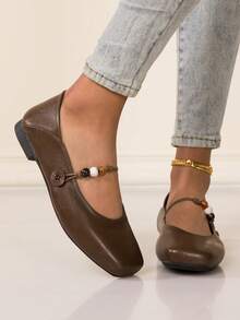 Women's Square Toe Mary Jane Beaded Button Decor Flat Shoes, Soft Bottom Slip-On Comfortable One-Strap Breathable Shoes - Brown - View 4