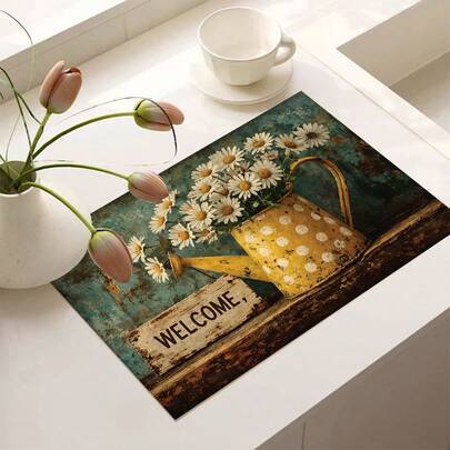 1pc Yellow Polka Dot Watering Can With Colorful Daisy Flowers, Butterfly Print Coffee Bar Mat, Drainage Mat, Silicone Coaster For Coffee Machine, Rubber Drainage Mat, Super Absorbent And Durable Dish Drying Mat, For Countertop, Dining Room, Kitchen, Patio Table Decor, Home Kitchen Supplies