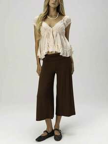 Women Y2K Cropped Wide Leg Pants, Retro Horizontal Stripe Polka Dot Print Fold Over Waistband Stretchy Knit Culottes For Streetwear Daily Outings - 深棕 - 查看 4