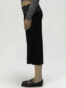 Women Y2K Cropped Wide Leg Pants, Retro Horizontal Stripe Polka Dot Print Fold Over Waistband Stretchy Knit Culottes For Streetwear Daily Outings - 黑與白 - 查看 3