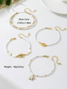 Set de 4 piezas Tobillera elegante minimalista con estrella de mar y concha, adecuada para la playa, fiestas y uso diario - Blanco - Ver 2