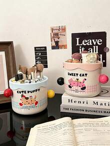 1pc Cute Makeup Brush Holder, Large Capacity Compartment Organizer Box, Multi-Functional Desktop Cartoon Makeup Cosmetic Lipstick Pencil Storage Case - Multicolor - View 4