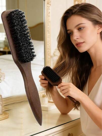1pc Boar Bristle Hair Brush, Smooth Beard Brush, Unisex Multi-Functional Styling Comb, Odorless Professional Gradient Comb And Hair Brush Set, Suitable For Fluffy Dense/Sparse Hair, Smooth Pigtails, Sideburns, Men's Beard, Children's Flyaways, Hair Parting And Hairline Control, Wide-Tooth And Fine-Tooth Comb Set, Hair Styling, Shaping, Polishing, Smoothing, Suitable For Men And Women, Popular Easter Gift, Mother's Day Gift, Birthday Gift, Professional Hair Styling Set, Unisex