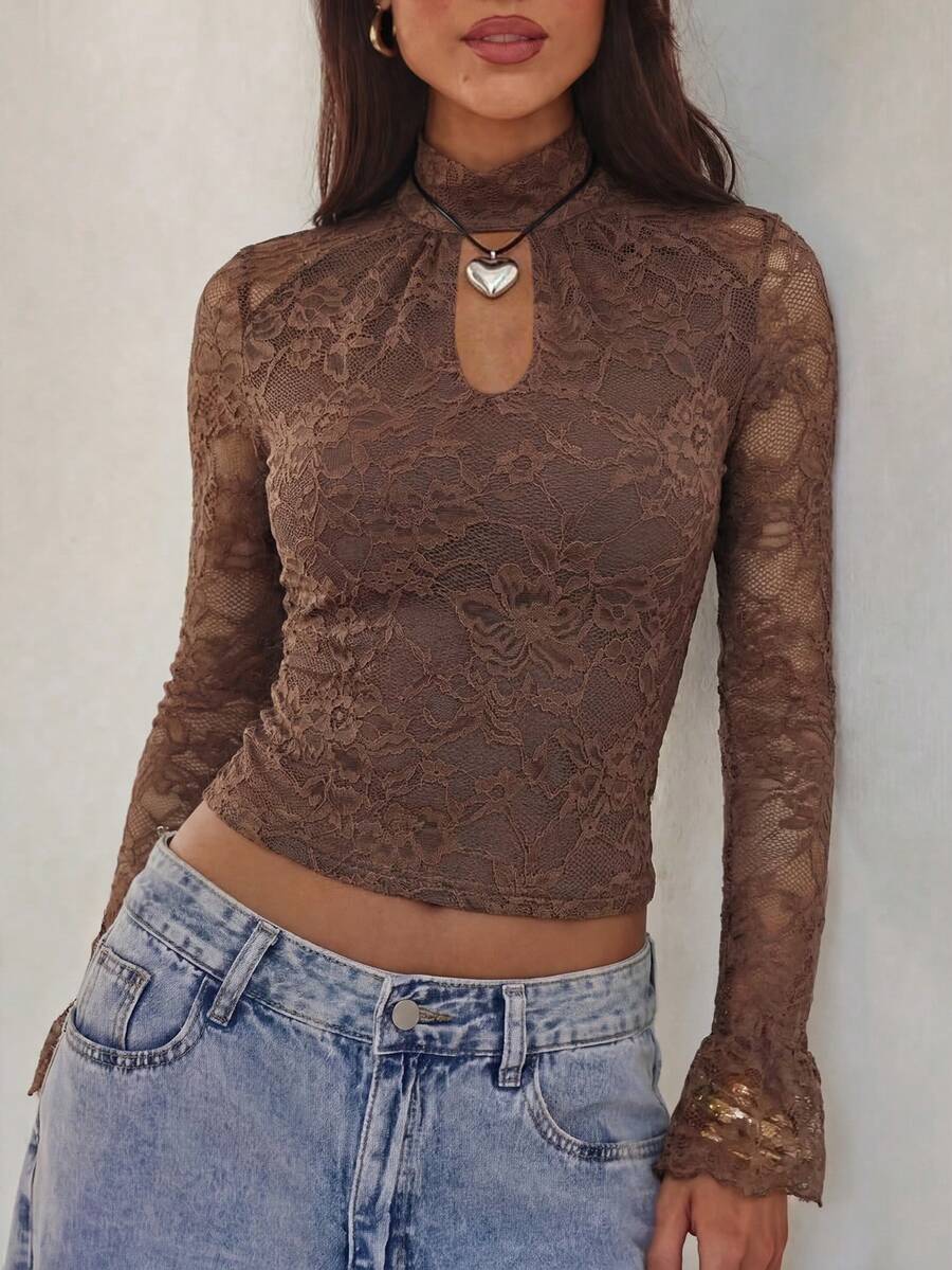 Elegant & Fashionable Multi-Purpose Lace Pleated Front Design Sheer Back Flare Sleeve Women's Top, Spring/Summer New Arrival, Summer Blouse - Brown - View 1