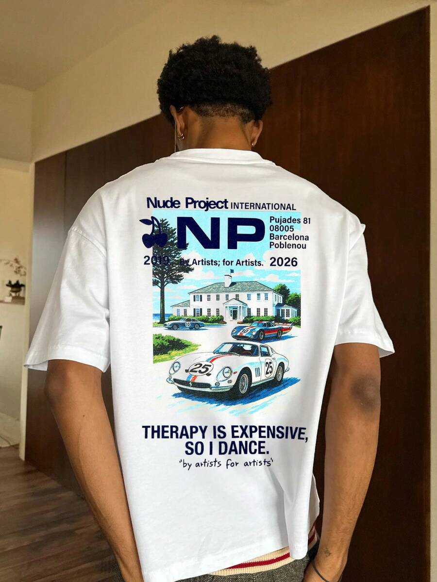 Men's New Fashion Hiphop Slogan & Car Print T-Shirt - White - View 1