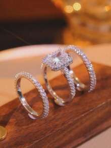 3 pièces Ensemble de bagues carrées en zircone cubique élégantes et glamour pour femmes, convient pour la décoration quotidienne, cadeau parfait pour elle pour la remise des diplômes/la rentrée, la Saint-Valentin, la Fête des Mères - Argent - Voir 8