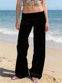 Women's Y2k Wide Leg Pants Low Rise Fold Over Waist Solid Color Casual Trousers Spring Fall Loose Sweatpants Bottoms Streetwear - Black - View 1