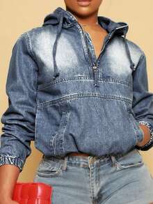 Women's Denim Hooded Jacket, A Casual Multipurpose Top With Hem And Side Pockets, A Fashionable Spring/Autumn Hooded Sweatshirt - Medium Wash - View 3