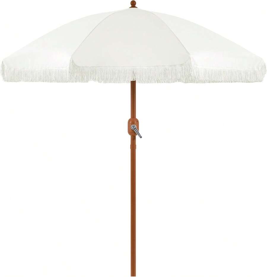 7.5ft Patio Umbrella With Tassels, Fringe Portable Beach Umbrella, Umbrella Outdoor Patio With Crank Operating Mechanism, Tilting Aluminum Pole, Fiberglass Ribs For Garden, Pool, Cream - 白色 - 查看 1