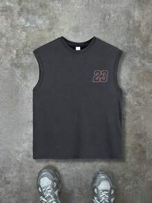 Teen Boys' Sleeveless Tank Top, Vintage Racing Car & Number 23 Print, "Racing DAY" Slogan Accent, Casual Loose Fit Vest, For Back To School, Street Style, Daily Leisure - Dark Grey - View 2