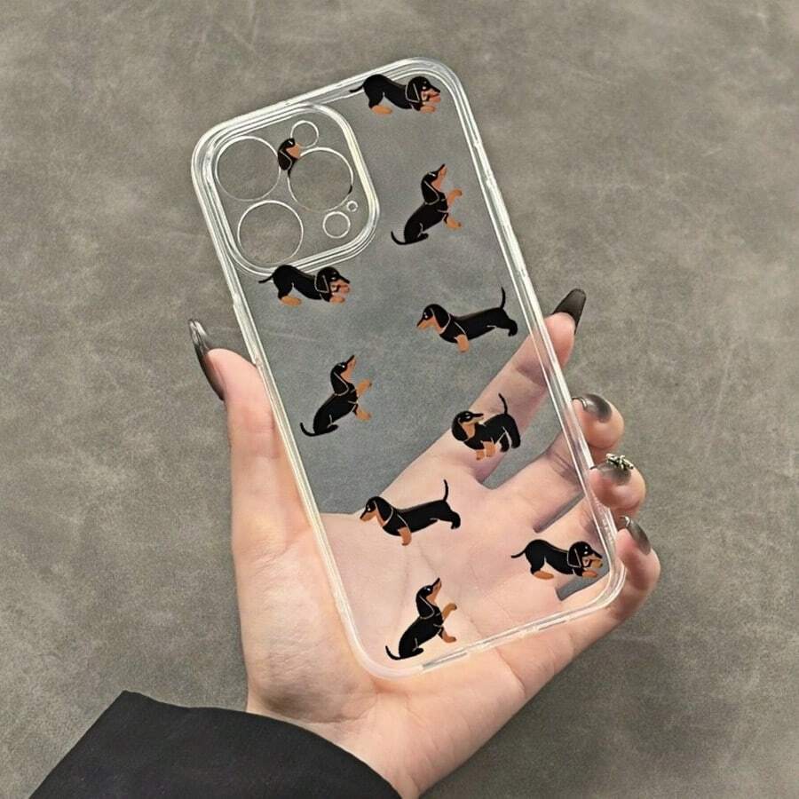 1个可爱腊肠犬图案透明全包加厚防震TPU时尚手机壳，兼容 11/12/13/14/15/16/17 Pro Max/Plus/XR/7/8、A56/55/54/53/52/51、S25/24/23/22/21系列 - 彩色 - 查看 1