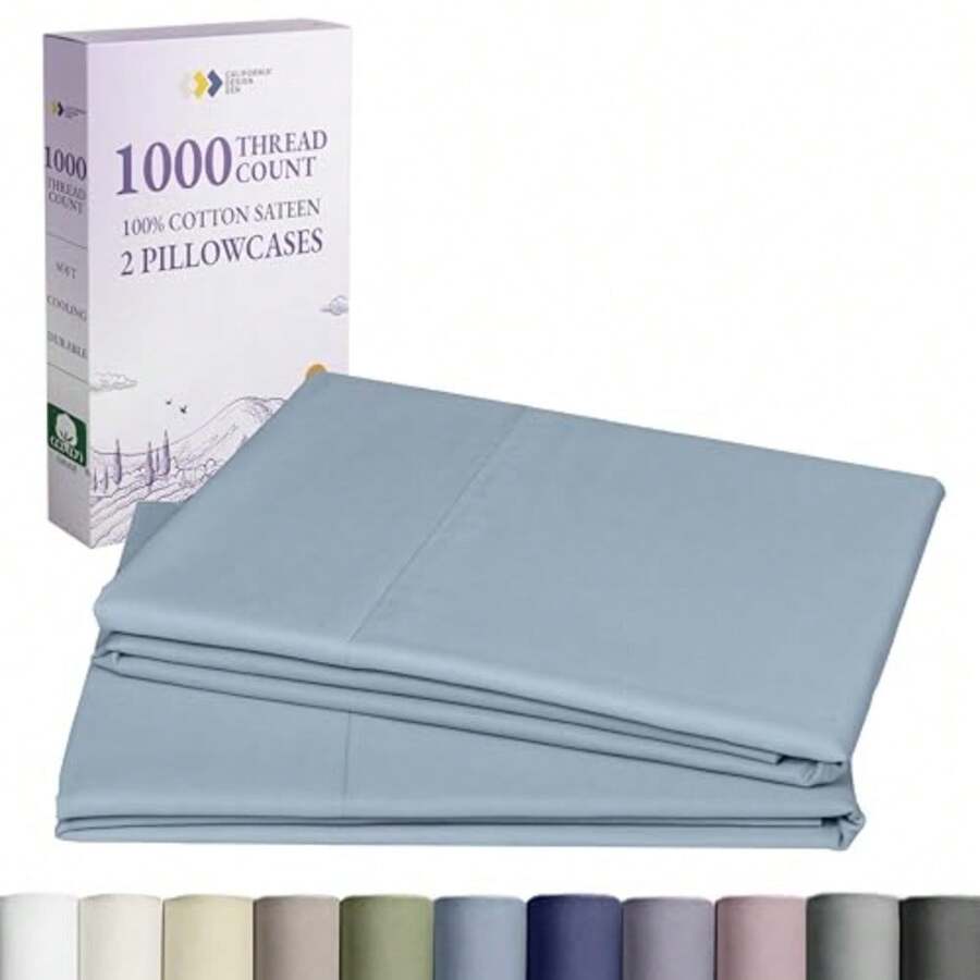 Pillow Cases Standard Size Set of 2-1000 Thread Count Sateen Soft and Thick 100% Cotton Standard/Queen Pillowcases Durable - Blue - Estándar / Reina - Ver 1