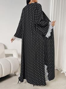 女士波点印花蕾丝边饰长袍 - 黑色 - 查看 2