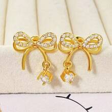 1 Đôi bông tai dáng dài đính đá lấp lánh hình nơ thanh lịch - Vàng - Xem 1