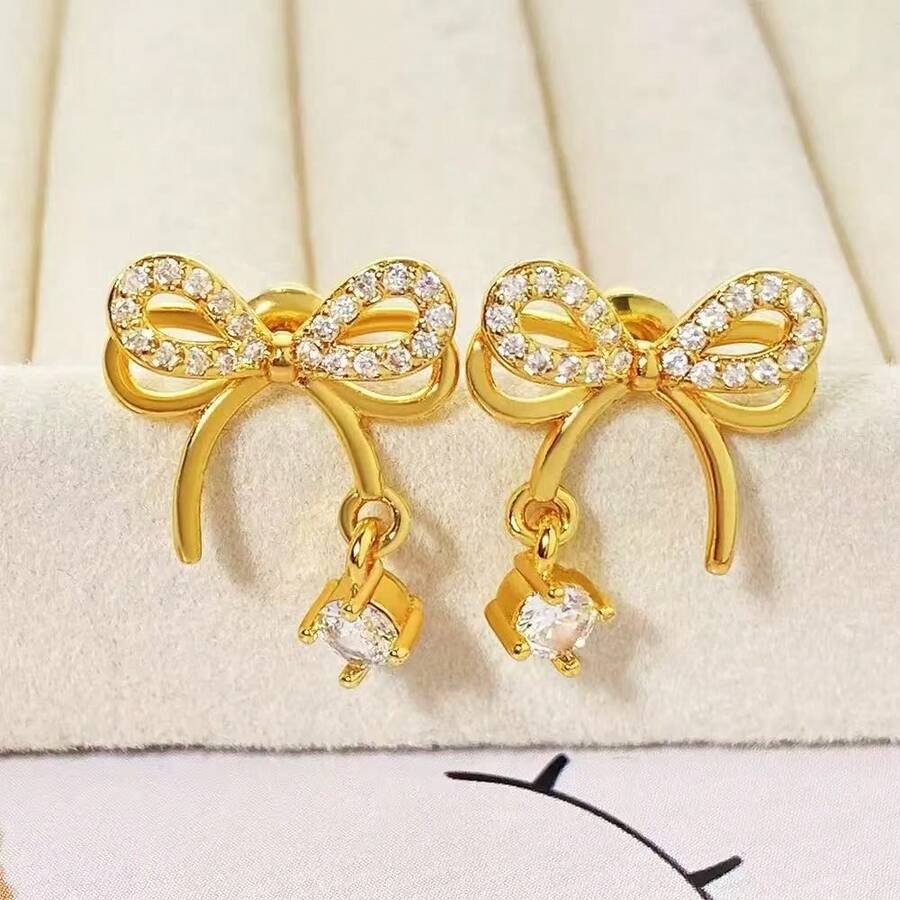 1 Đôi bông tai dáng dài đính đá lấp lánh hình nơ thanh lịch - Vàng - Xem 1