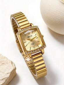 1件装奢华优雅女士石英表，方形表盘，镶钻表圈，镀金表壳，高品质合金材质，精致复古金属表带，简约低调奢华设计 - 金色 - 查看 1