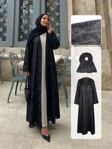 Chiffon Jacquard Muslim Abaya, Muslim Open Front Robe With Headscarf - Classic Black - View 1