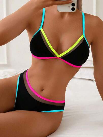 1 Set Women 2 Pieces Bikini Swimsuit, Mesh Splice Spaghetti Strap V-Neck Open Back Fashion Casual Sexy Swimwear Vacation Beach Black