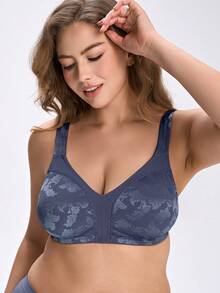 Plus Size Wireless Soft & Comfortable Jacquard Full Coverage Everyday Bra Without Padding - Dusty Blue - View 4