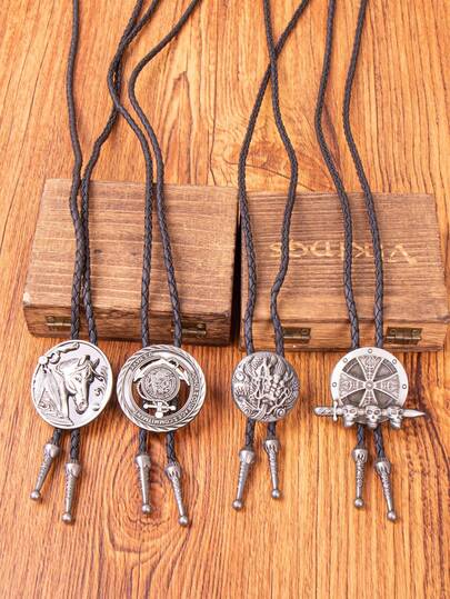1 chiếc cà vạt bolo hình đầu lâu khiên Viking Bắc Âu, dây da dài kiểu dáng cổ điển Mỹ.