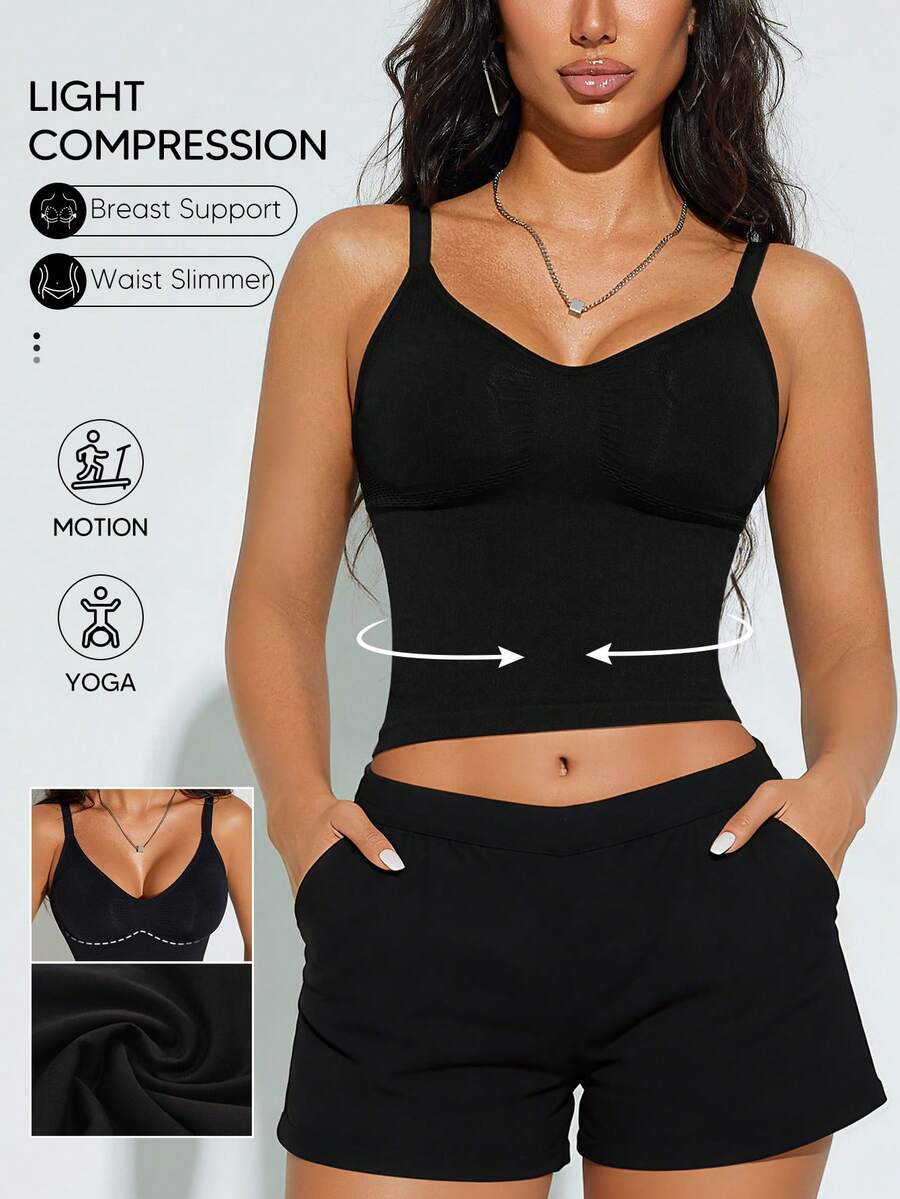 Women V-Neck Slim Fit Camisole Tank Top, Basic Summer Fitness Wear - Black - View 1
