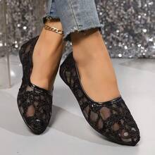 Solid Color Geometric Pattern Glitter Women's Flat Shoes, Suitable For Party, Spring, Summer, Autumn - Black - View 8