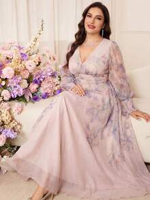 Plus Size Women Shirred, Cuff Drawstring, Random Floral Print Elegant Maxi Dress Vacation Spring - Apricot - View 5