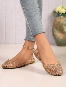 夏季闪亮镂空芭蕾平底鞋，透明镂空果冻鞋，适合海滩度假 - 金色 - 查看 9