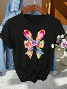 100% Cotton Elegant Floral Rabbit Ear Print Women's T-Shirt |   Retro Style, Round Neck, Medium Stretch Fabric, Suitable For Spring, Summer, And Autumn Wear - Simplelettercasualallmatchtshirt - 黑色 - 查看 6