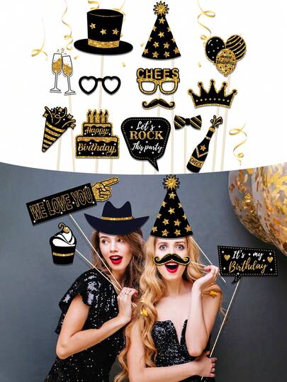 1pc Black & Silver Birthday Party Photo Booth Props, Suitable For Women & Men Birthday Party Decor, Holiday Photo Decoration, Birthday Party Photo Props, Small Gifts, Pose Sign Set, Party Fun Set, Birthday Party Supplies, Applicable For Birthday, Wedding, Party, Disco Carnival, Including Hats, Lips, Ties, Crowns And Other Props, Party Games And Activity Photography Accessories