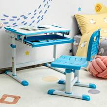 COSTWAY Height Adjustable Kids Study Table And Chair Set With Tilting Tabletop, Blue - Blue - View 5