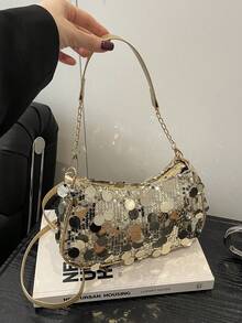 闪亮亮片链条肩带大容量女士个性化新款夏季时尚别致腋下包 - 金色 - 查看 7