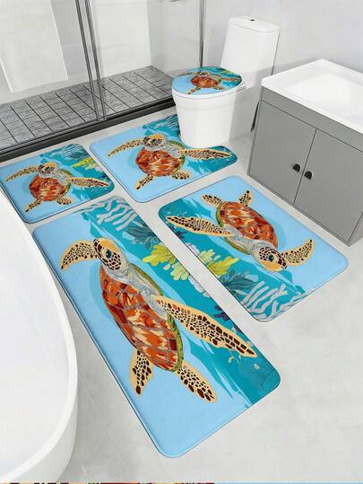 3/5pcs Summer Tropical Sea Turtle Bathroom Mat Set, Soft Absorbent Anti-Slip Durable Bathroom Accessories - Includes Toilet Lid Cover, U-Shaped Toilet Mat, Bathroom Door Mat, Vanity Mat, Bathtub Mat - Flannel + Memory Foam + Polyester Fabric - Washable Mildew-Resistant Bathroom Rugs - Ideal For Spring, Bathroom, Living Room, Bedroom, Kitchen, Laundry Room - Quick Dry Floor Carpet, Back To School Essential, Housewarming Gift, Mother's Day Gift