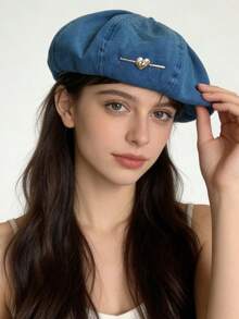 1pc Heart Washed Beret Hat, Lightweight Breathable Octagonal Artist Cap, Large Head Circumference, Flattering, Elegant & Fashionable, Versatile For Casual Daily Wear Autumn Accessories - MM2043 - View 11