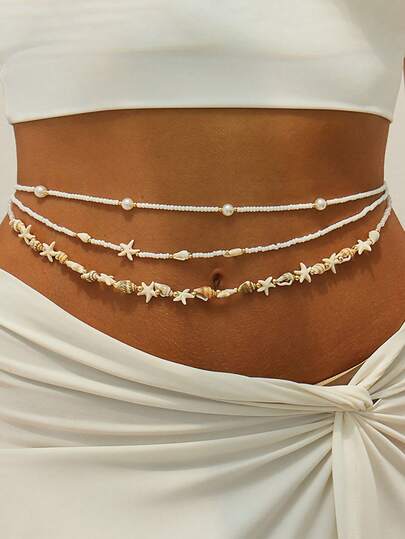 3 piezas por set - Cadena de cintura con cuentas de perlas falsas con estilo de concha y estrella de mar, estilo de vacaciones en la playa. Adecuado para usar en vacaciones, fiestas o como regalo de festival.