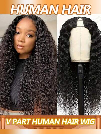 Water Wave Glueless Wigs Curly V Part Wig Human Hair No Leave Out Upgrade U Part Wigs Brazilian Machine Made Natural Color Beginner Friendly 180% Density