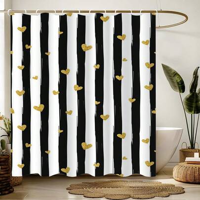 1件装现代简约条纹浴帘 时尚条纹心形印花浴帘 适用于浴室浴缸隔断 浴室装饰 浴室配件 淋浴浴缸帘