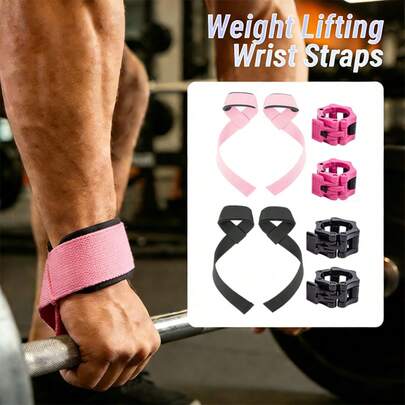 (One Set Includes 1Pair Barbell Weightlifting Wrist Straps And 1Pair Barbell Quick Clips)1 Pair Pink/Black Barbell Weightlifting Wrist Straps,1 Pair Of Barbell Quick Clip Dumbbell Clip - Barbell Bar Clip Fixed Clip/ Fitness Exercise Weightlifting Training Safety Buckle Quick Release Barbell Clamp,Gym Strength Training Weightlifting Wristband Men Women Support Strength Training, Bodybuilding, Weightlifting Deadlift Exercise Band.Unisex